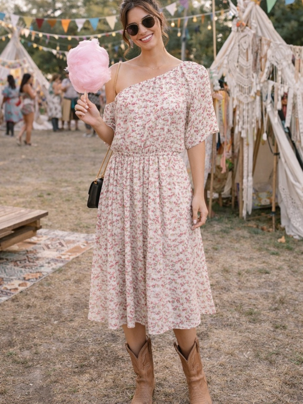 One-Shoulder Cream Floral Midi Dress MED